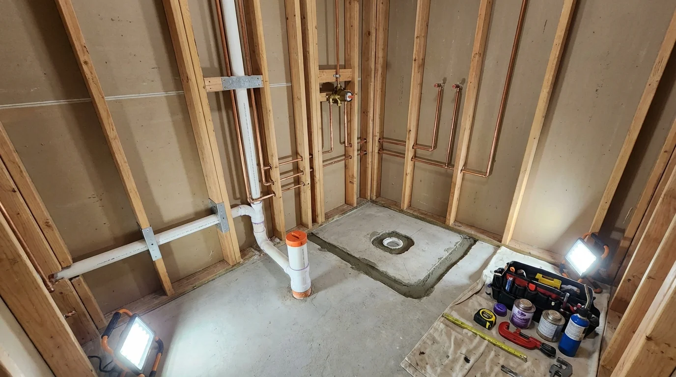 Bathroom rough-in plumbing during remodel by Johns Plumbing LLC in Lone Tree