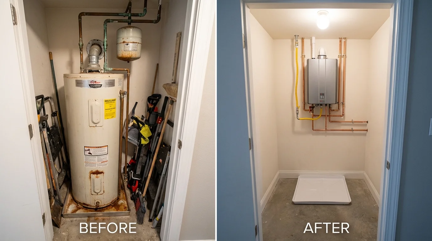 Tank water heater versus wall-mounted tankless unit comparison for Lone Tree, IA homeowners