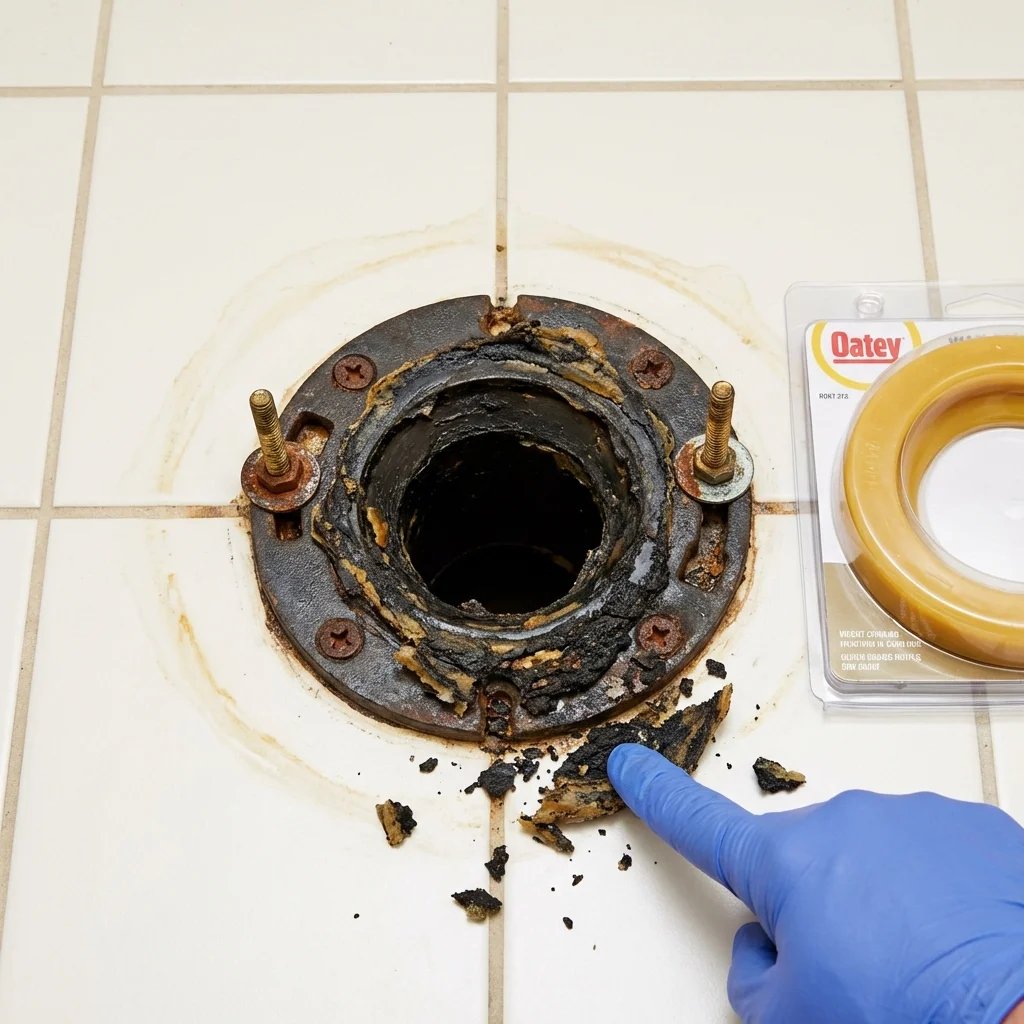 Failed wax ring showing water seepage at the base of a toilet in a Lone Tree, IA home