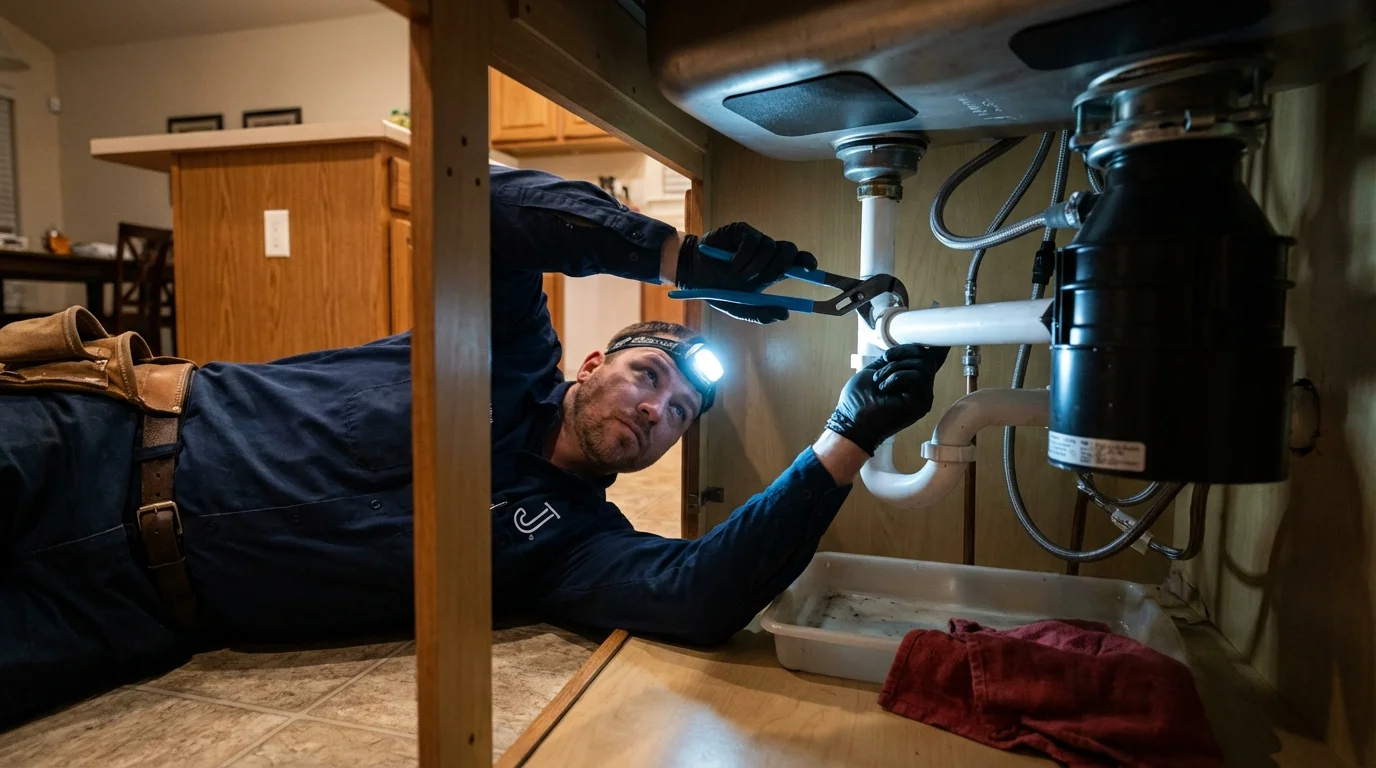 P-trap and supply line connections under a kitchen sink showing a common leak point in Lone Tree, IA